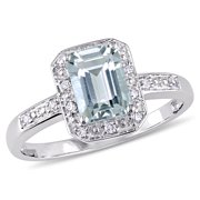 Tangelo 1 Carat T.G.W. Emerald-Cut Aquamarine and Diamond-Accent 10kt White Gold Halo Cocktail Ring