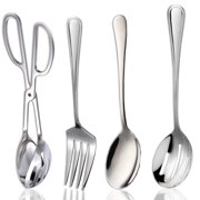 Serving Utensil Set of 4 - Includes Salad Kitchen Tongs 10?, Serving Spoon 9?, Slotted Spoons 11?, and Serving Fork 8.5?, Stainless-Steel Utensils, for Party, Buffet, Catering, Dinner, and Banquet.